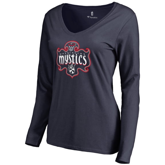 Women's Navy Washington Mystics Primary Logo Long Sleeve V-Neck T-Shirt