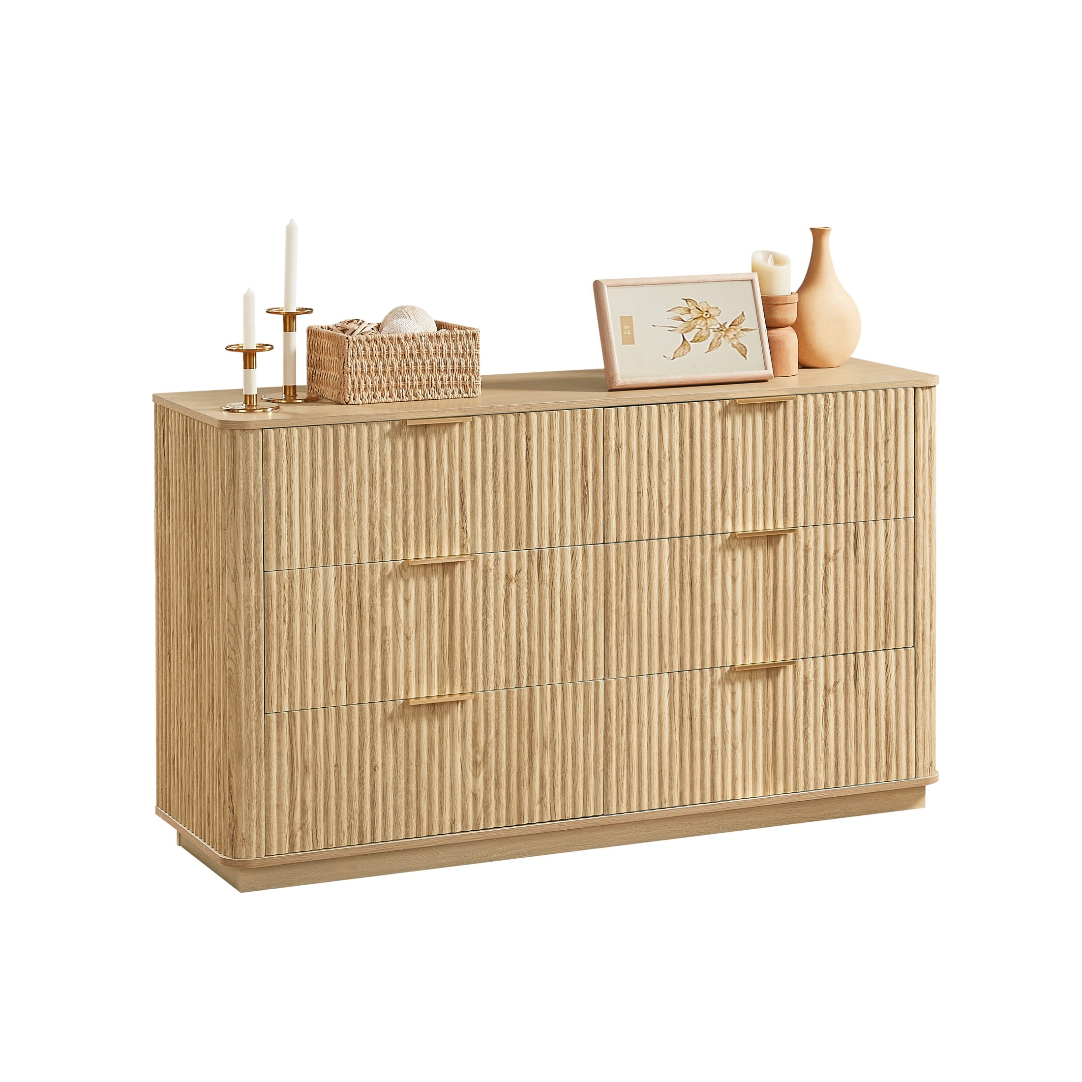 Noble House Relic 55" 6-Drawer Dresser, Modern Hallway Chest of Drawers with Curved Wave Panels and TV Stand, Oak