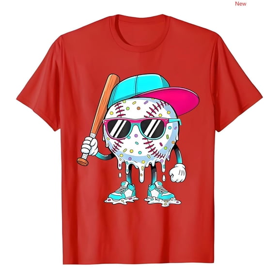 Boys Short Sleeve Graphic T Shirts, Melting Baseball Character Printed Crewneck Tees, Casual Outdoor Play Kids Tops