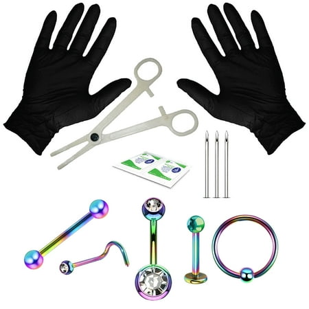 - BodyJ4You 12PC PRO Piercing Kit Rainbow Steel 14G 16G 18G Belly Button Nipple Lip Nose Jewelry