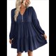 thumbnail image 2 of Vestidos Cortos de Larga para Mujer, Cuello en V, Informales, Holgados, con Vuelo, con , Estilo Bohemio para Vacaciones, para Otoño Azul Marino M, 2 of 9