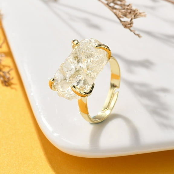 Natural Lemon Quartz Finger Rings Golden Tone Brass Finger Rings Rack Plating Size 8 1/2(18.5mm)