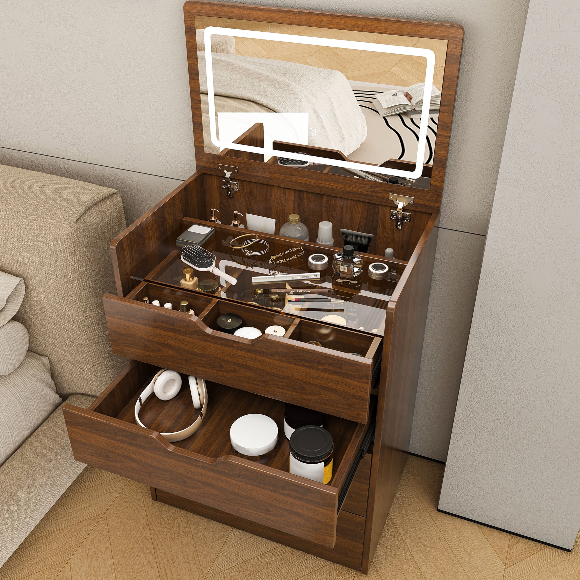 Noble House 23.62" Makeup Vanity Desk with LED Mirror, Storage Stool and Drawers, Walnut+White