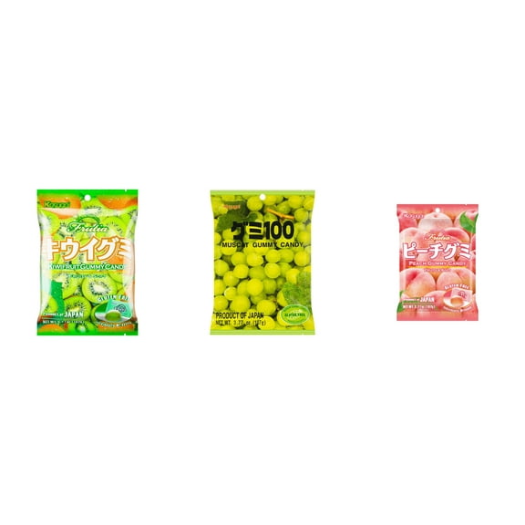 3 Pack Kasugai Gummy Candies, Made in Japan, Gluten Free, Mix 3 Flavor (Kiwi,Mmuscat,Peach) Plus NineChef Brand Long Handle Coffee Spoon
