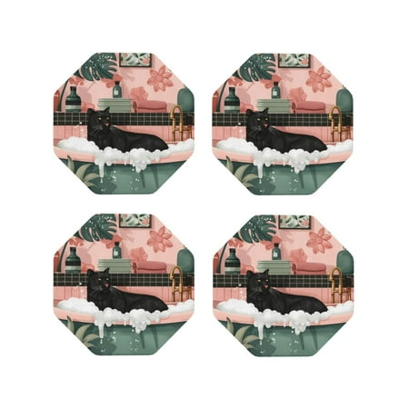 

Fuzoiu Black Cat Pink Bathroom Print Leather Coasters Set Drink Coasters Set of 4 for Tabletop Protection Durable PVC Coasters Home Décor and Housewarming Gift-Octagon