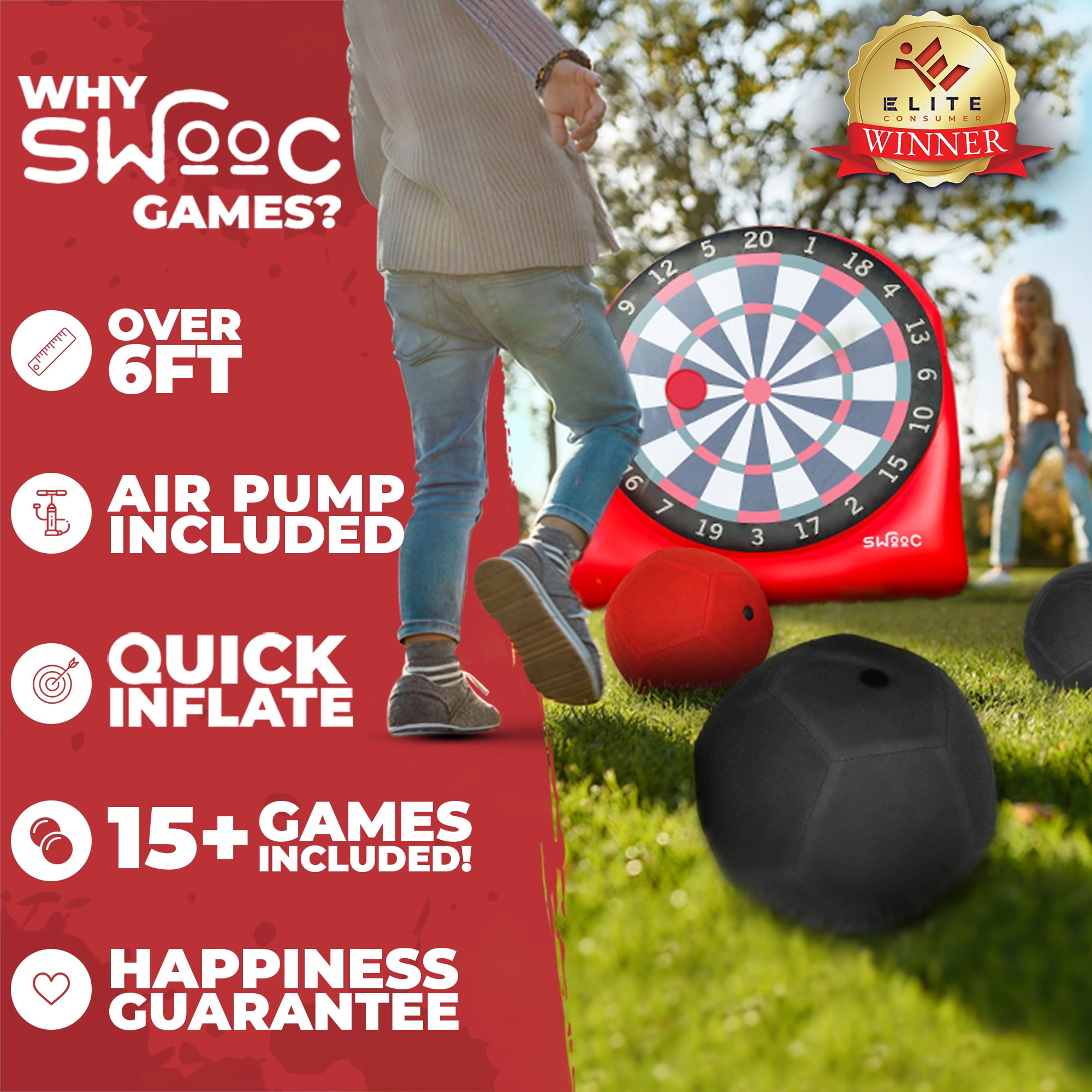 Premium Giant Kick Darts (Over 6 ft. Tall) with 15+ Games Included - Giant Inflatable Outdoor Dartboard w/ Soccer Balls