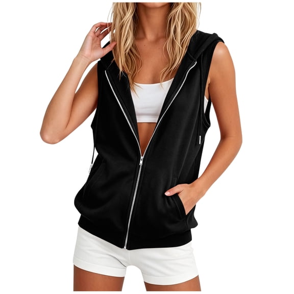 Sleeveless Fleece Hoodie Women Lightweight Zip-up Jackets Vests Drawstring Solid Color Loose Casual Sweatshirt with Side Pockets Black 3XL