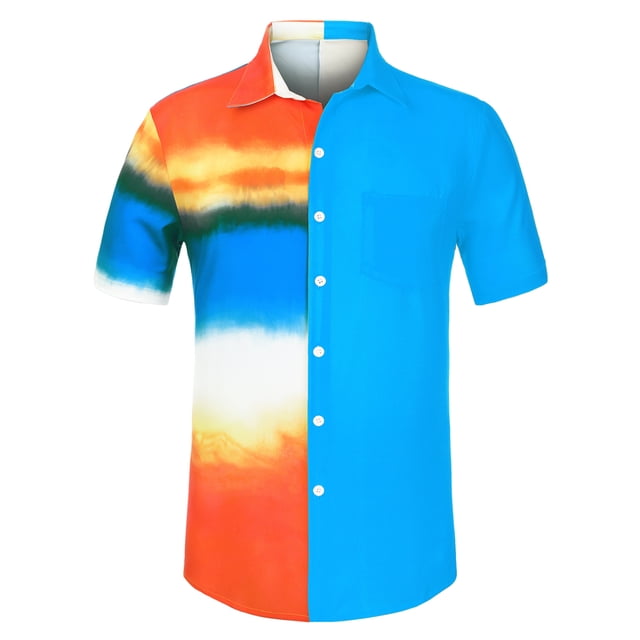 INSPIRE CHIC Camisas de patchwork con bolsillo en el pecho y manga corta con botones y estampado hawaiano para hombre Azul XL