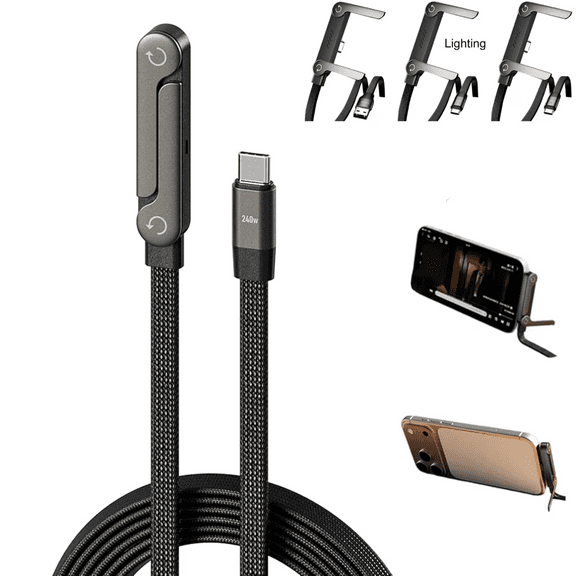 240W USB-C Fast Charging Cable with Ergonomic Foldable Stand, Stable Power, Smooth Gaming Support, 1.5m USB-C to USB-C, Free Phone Lanyard Included