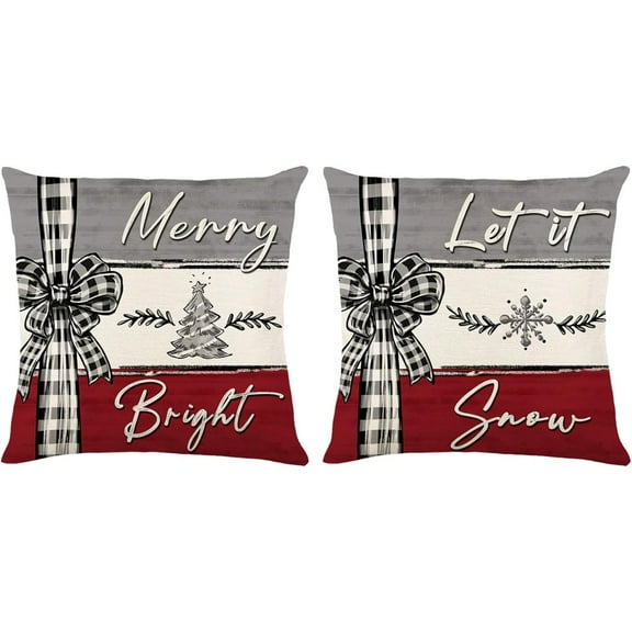 Set of 2 Christmas Decorative Throw Pillow Covers, Merry Bright & Let it Snow Pillow Cases for Home Living Room Sofa Couch Bed Decorations, 18 x 18 inches