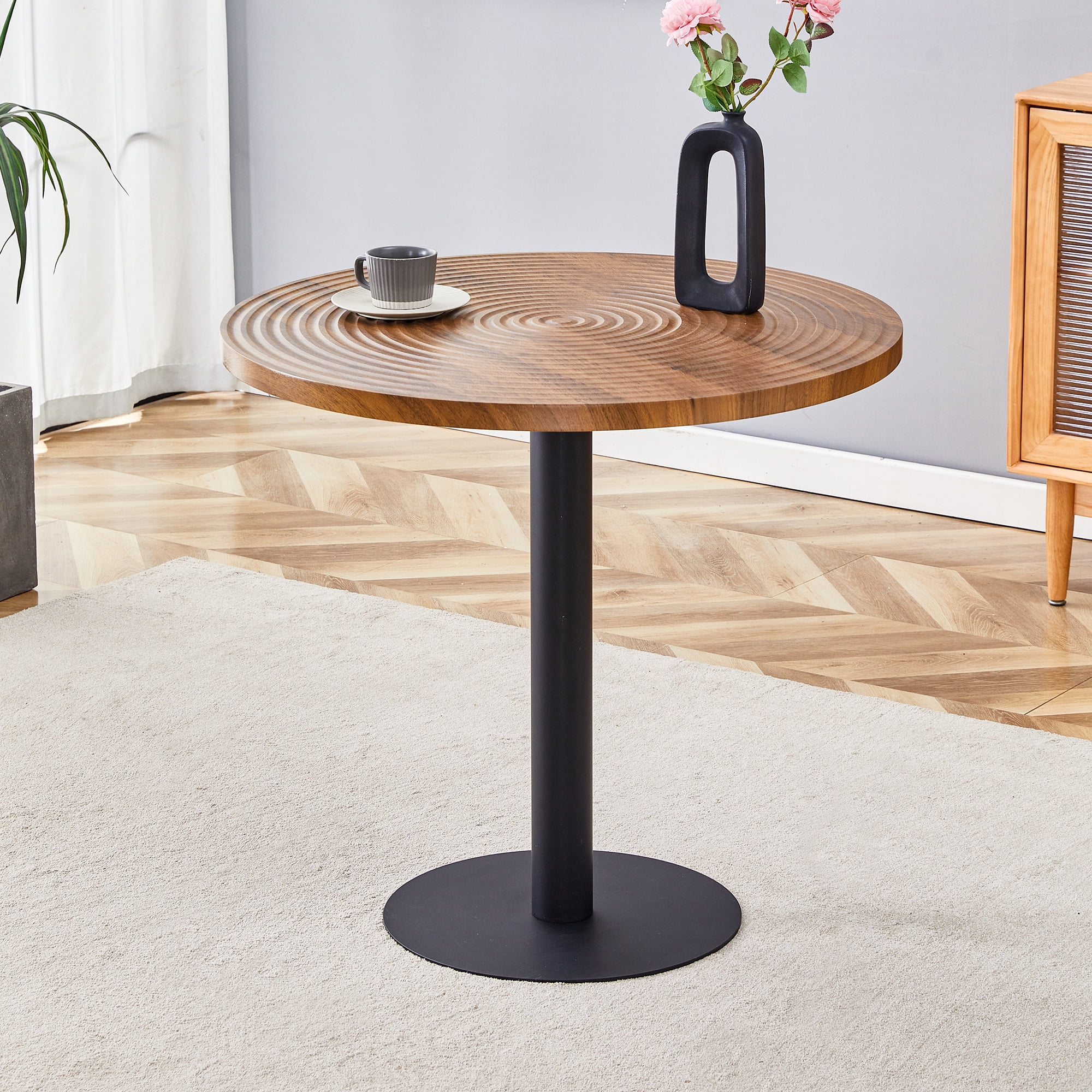 31.5 Inch Round Dining Table, Small Modern Dining Table with Dark Wood Grain Top & Black Metal Pedestal Base, MDF Kitchen Table for Dining Room, Apartment, Breakfast Nook, Compact Space