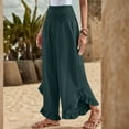 thumbnail image 4 of Mohiass Palazzo Smocked Waist Pants for Women Summer Flowy Ruffle Hem Pants Wide Leg Boho Linen Trousers Beach 2025 Pants with Pockets Dark Green M, 4 of 8