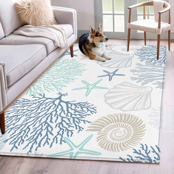 Blue Aqua Grey Coastal Area Rug 3x5 Washable Rug Non Slip Summer Beach Coral Shell Starfish Large Area Rug Indoor Floor Carpet for Entryway Bedroom Kitchen Living Room Home Office Dining Room Nursery
