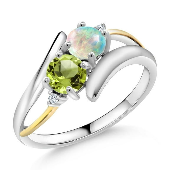 Gem Stone King 1.07 Cttw Round Cabochon White Simulated Opal Green Peridot and Lab Grown Diamond Two Stone Crossover Ring for Women | 925 Sterling Silver and 10K Yellow Gold | Available in Size 5-9