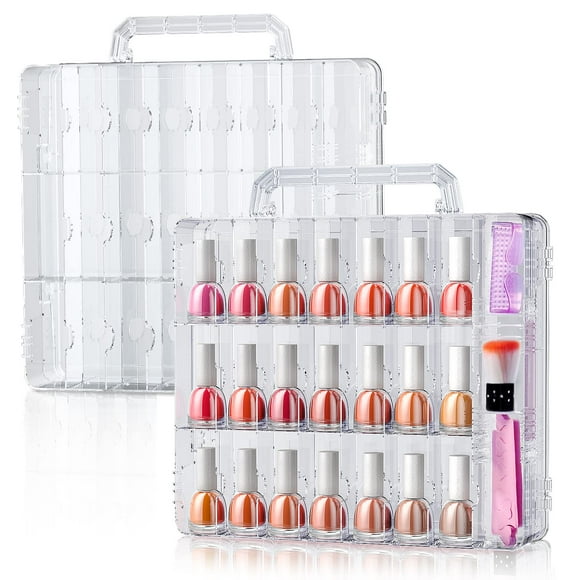 SUBAY 2 Pcs Organiseur de Vernis à Ongles Portable, Support de Vernis à Ongles Double Face Transparent, Rangement pour 48 Bouteilles avec 6 Séparateurs Réglables de Chaque Côté Économiseur d'Espace