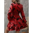 thumbnail image 4 of Women'S Floral Mini Dress Long Sleeve Casual V Neck Chiffon Modest Boho Flowy Fall Wedding Guest Dresses Wine Red S, 4 of 9