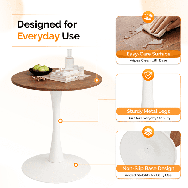Round Tulip Dining Table, 27.6 Inch 2-Seater Kitchen Table, Melamine Laminated MDF Tabletop with Metal Pedestal Base, Easy Assembly Breakfast Table for Apartment Dining Nook, White & Walnut
