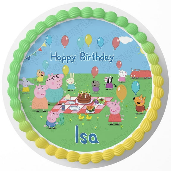 7.5 Inch Peppa Pig Family Kids Fun Cake Topper - Round Edible Birthday Cake Decorations, Happy Birthday Cake