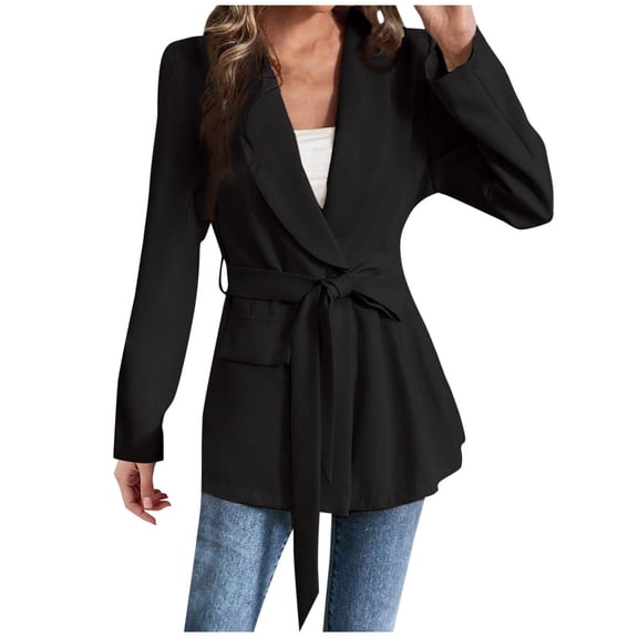 Blazers for Women Business Casual Dressy Lapel Long Sleeve Solid Color Button Top Suit Jacket with Belt for Fall Winter
