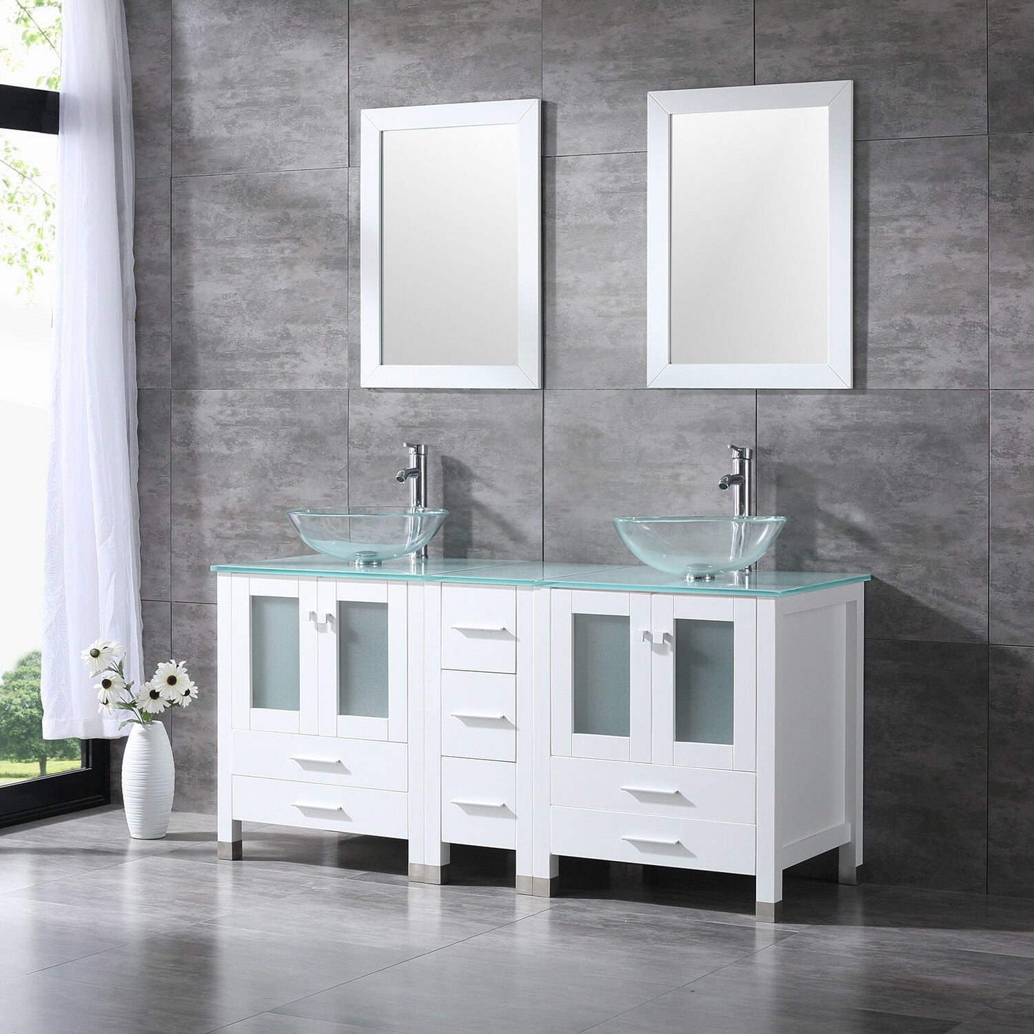 Wonine White 60" Bathroom Vanity w/ Modern Double