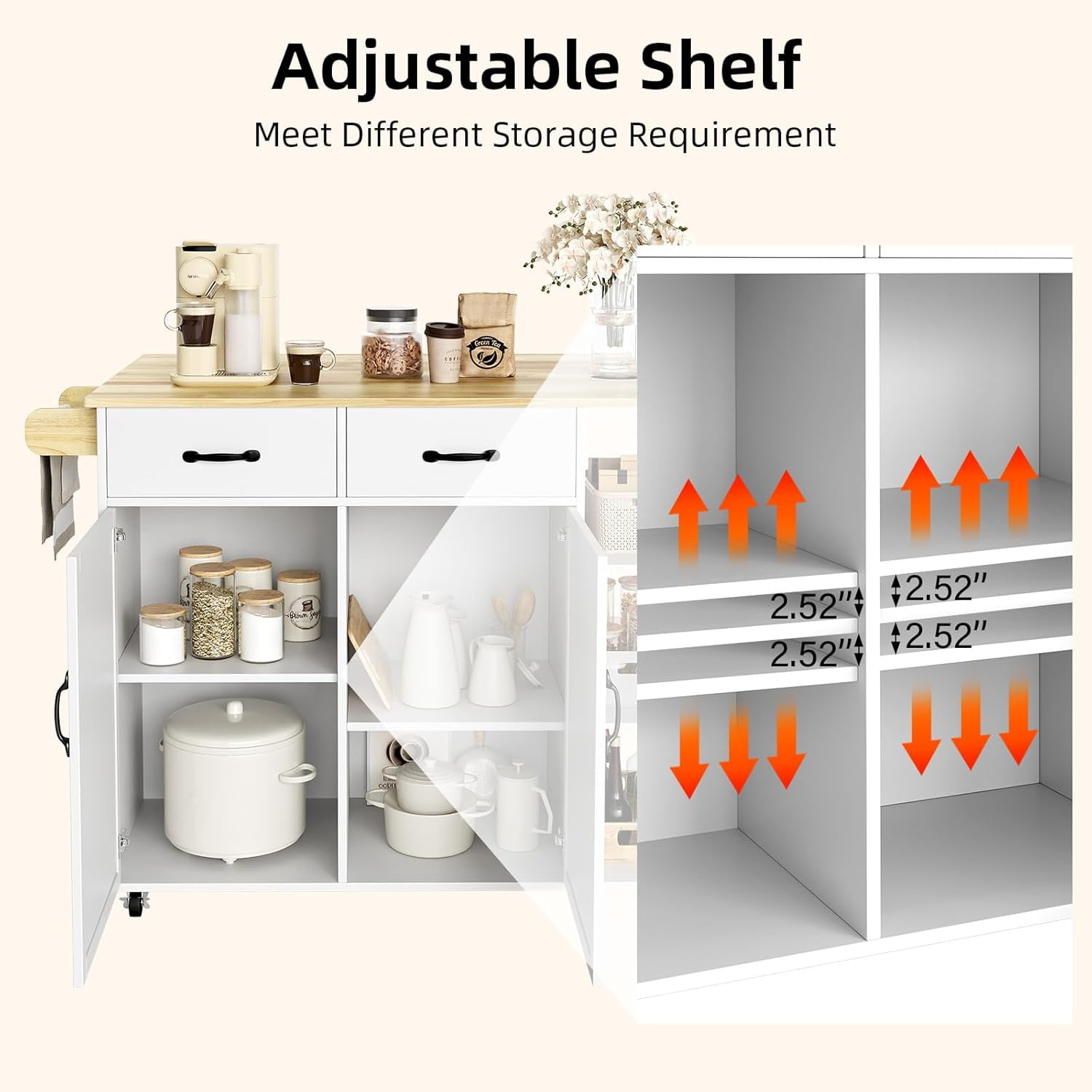 Garvee Rolling Kitchen Island Cart 43.12 x 24 x 36", with Drop Leaf, 4 Wheels with Storage, White