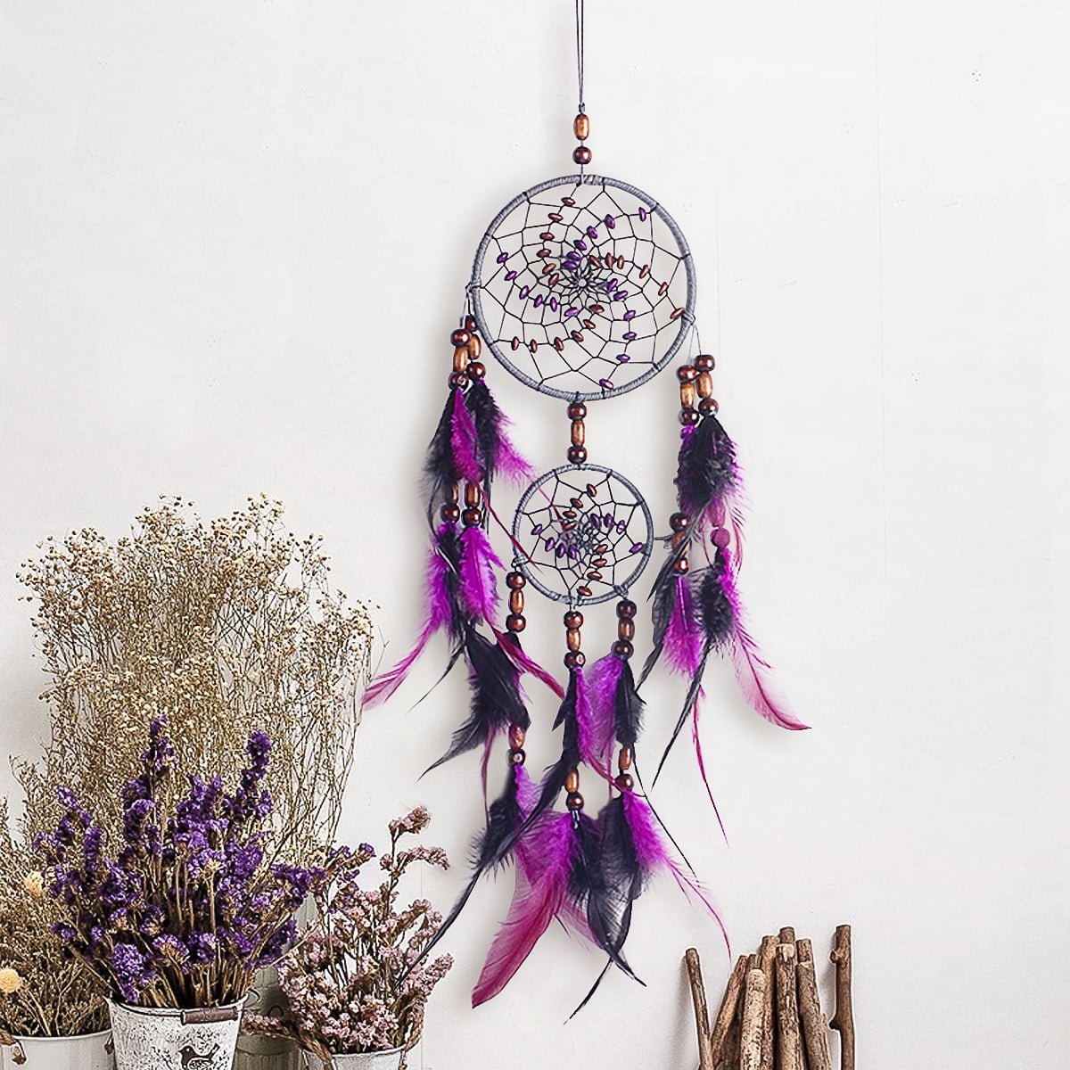 Indian Style Hanging Ornament Best Gift for Women Dream Catcher Handmade Floral Dreamcatcher Decoration for Wall Car Home Decor with Feather Beads White