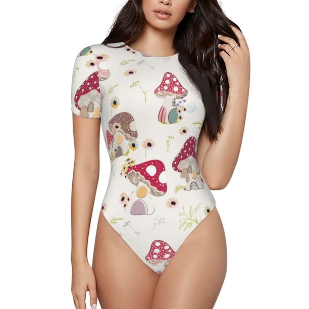 Fotbe Floral Mushroom Body de Mujer con Cuello Redondo y Mangas Cortas, Sin Mangas Ajustado, Suave, Cómodo y Básico-X-Large