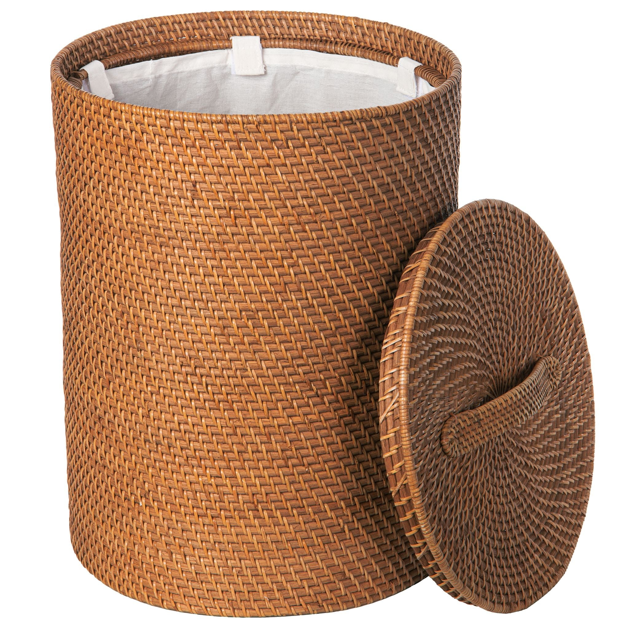 Kouboo Loma Round Rattan Hamper, Handmade Wicker Laundry Basket with Lid & Removable Liner, Honey Brown