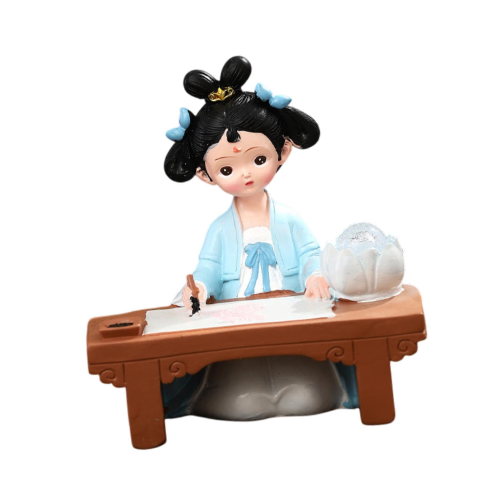 Esquirla Girl Resin Statue Figurine with Light Folk Ethnic Decoration,Miniature Traditional Chinese Ancient for Store Cabinet New Year Blue