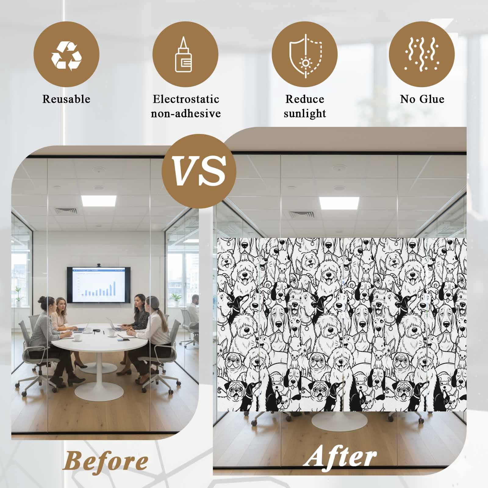 Cute Dag Window Privacy Film, Black White Lines Puppy Cartoon Animal Abstract Frosted Glass Window Clings Static Cling UV Heat Blocking Reusable Door Sticker for Bathroom 23.6 x 59 Inch