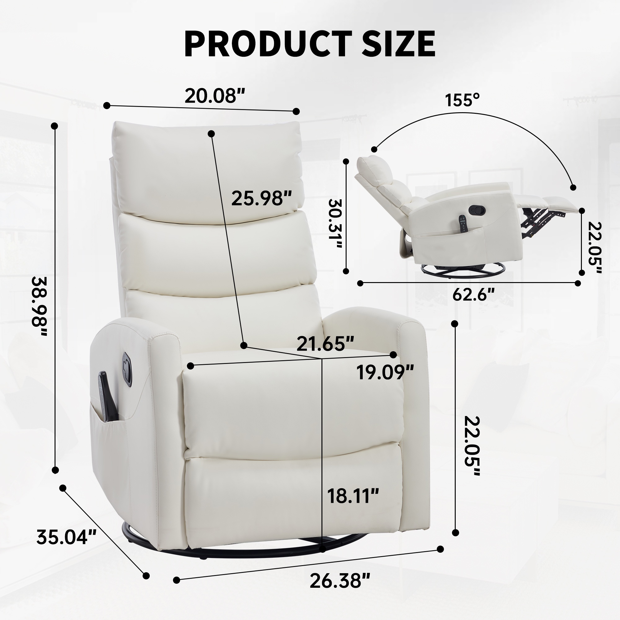 PAPROOS Rocker Recliner with Heat Therapy and Massage, PU Leather 360°Swivel Rocker Recliner, Rocking Chair for Nursery, Small Rocking Recliner, Manual Recliner for Home Theater Living Room, White