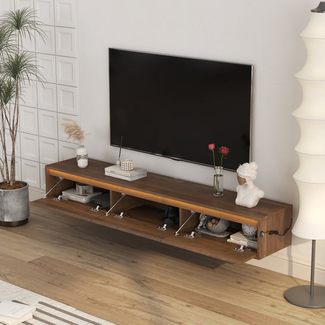 65" Floating TV Stand Wall Mounted Entertainment Center with LED Lights, Storage, and Power Outlet for 55-65 Inch TVs in Wood Finish