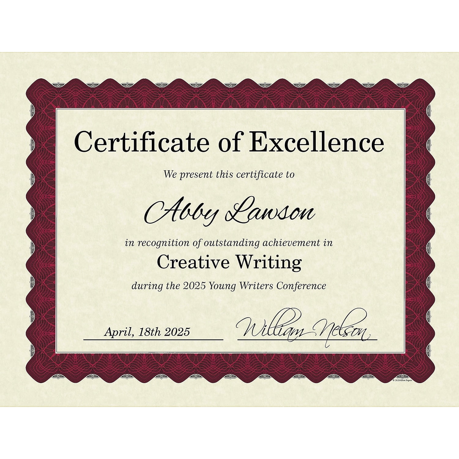 Great Papers! Metallic Border Printed Parchment Certificates, 8 1/2" x 11", Red, Pack of 25