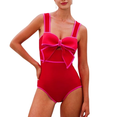 Flaxmaker Women s One Piece Swimsuit 3D Bow-tie Cut Out Color Block Bikini Set Bathing Suit Two Pieces Swimwear Set