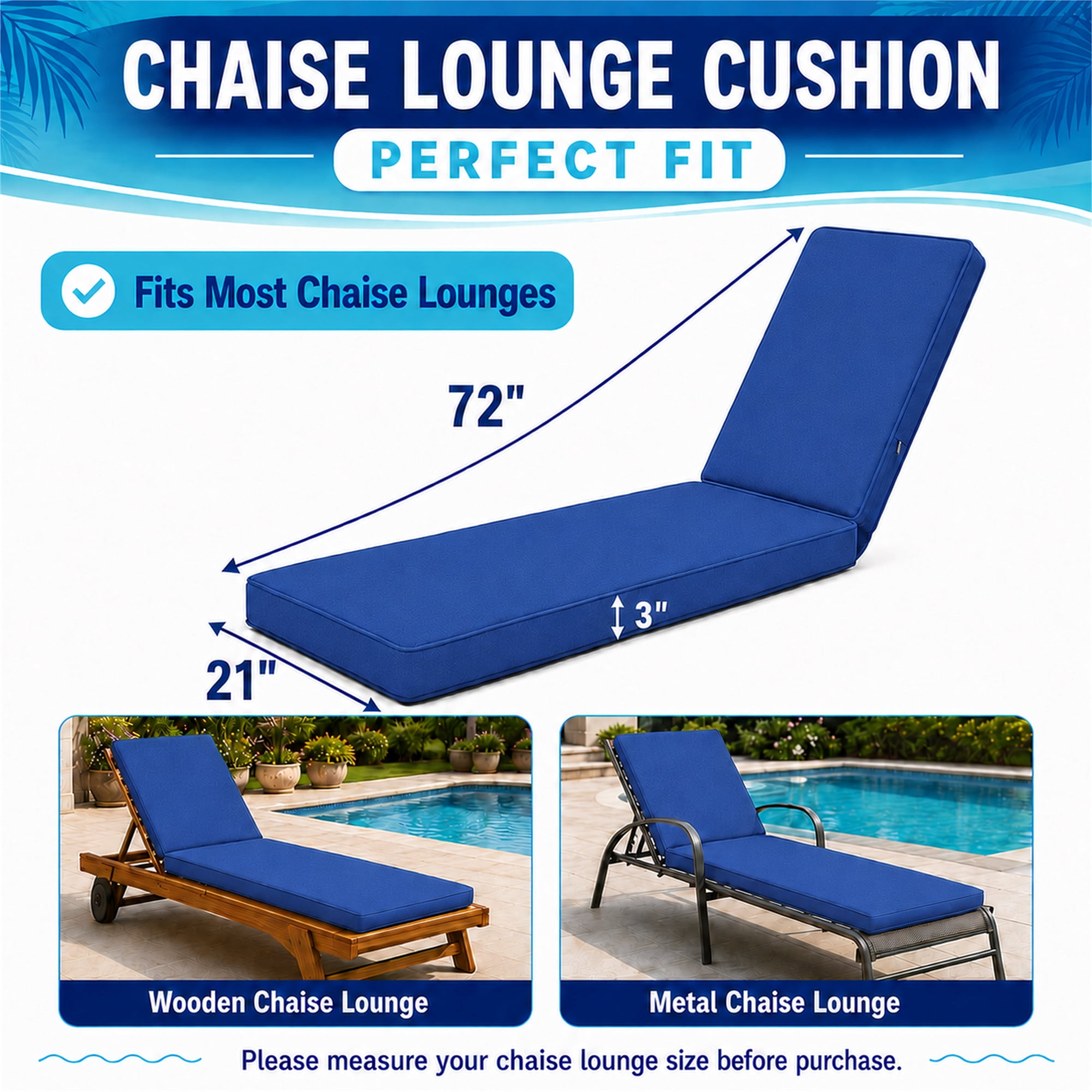 Millsilo Outdoor Chaise Lounge Cushion, 72" x 21" x 3" Patio Lounge Chair Cushion, Water-Resistant UV-Protected Replacement Cushion with High Density Foam, Blue