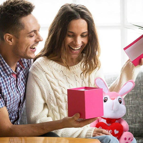 13 Inches Valentine‘s Day Plush Rabbit Toy with Lights and Voice Valentines Day Gift for Kids Adults