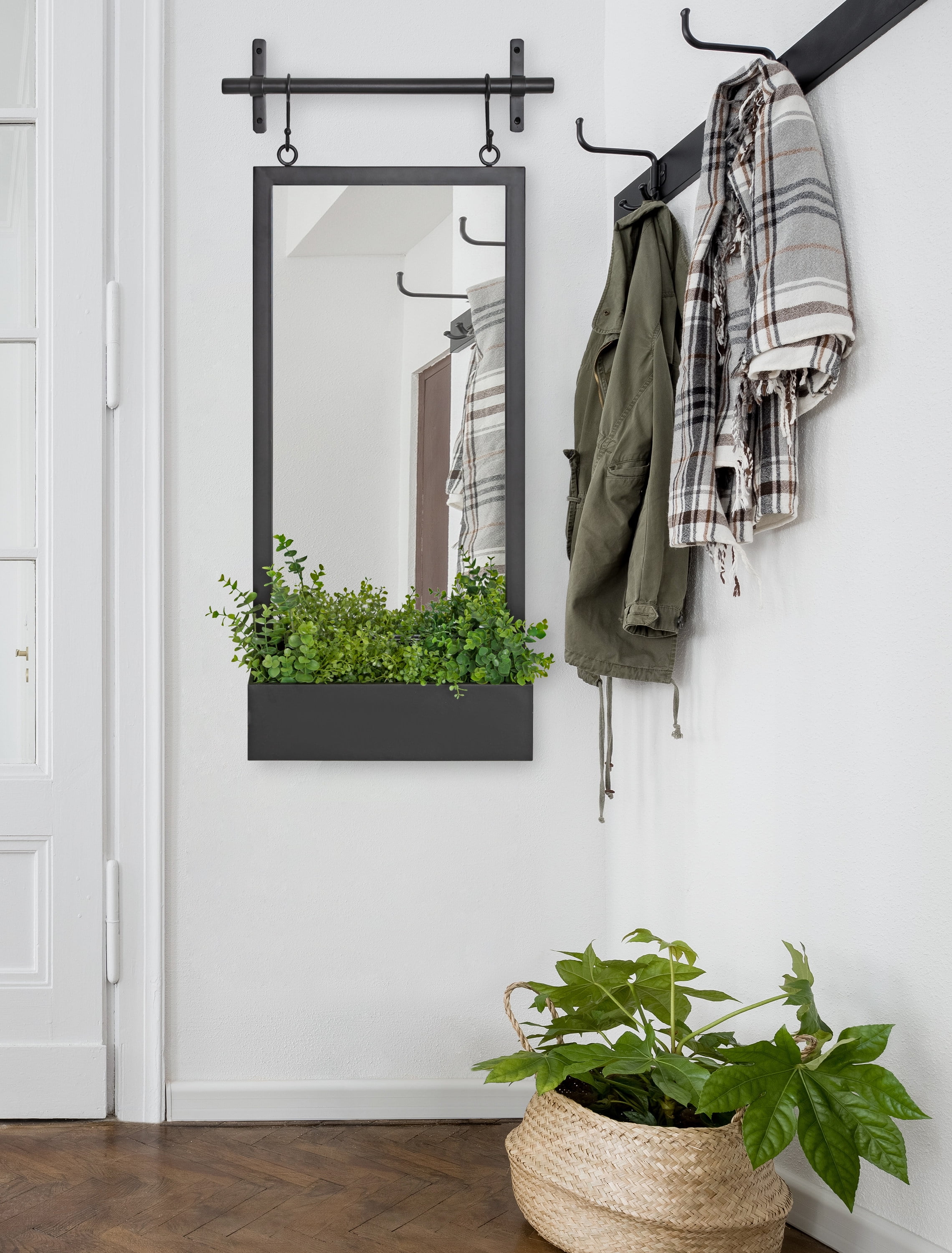 Kate and Laurel Gammons Metal Framed Wall Mirror With Storage Shelf, 18" x 39", Black, Hanging Barn Door-Inspired Accent Mirror