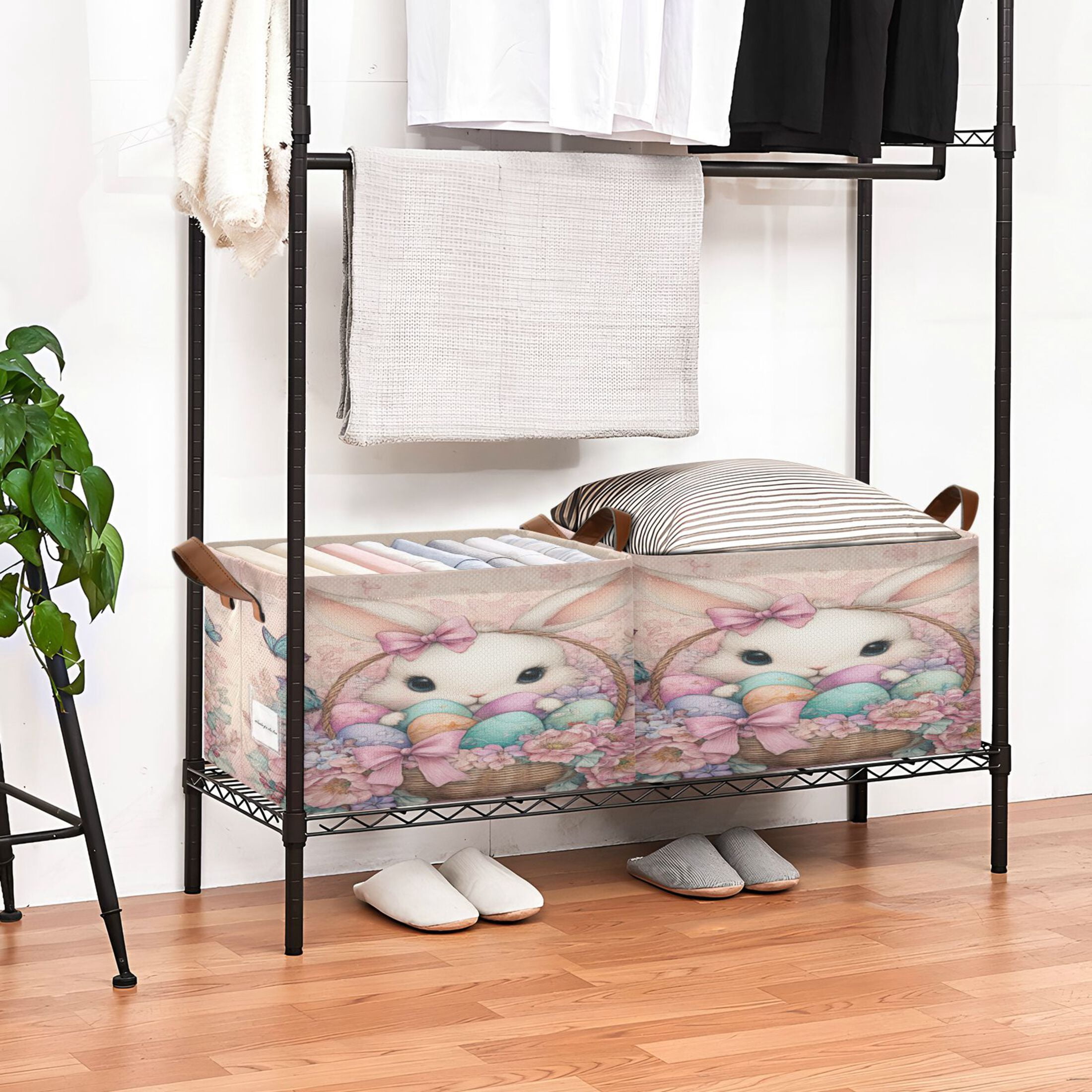 WobogoAdorable Easter Bunny Storage Basket 16.9×11.4×10in Collapsible Oversized with Metal Iron Frame