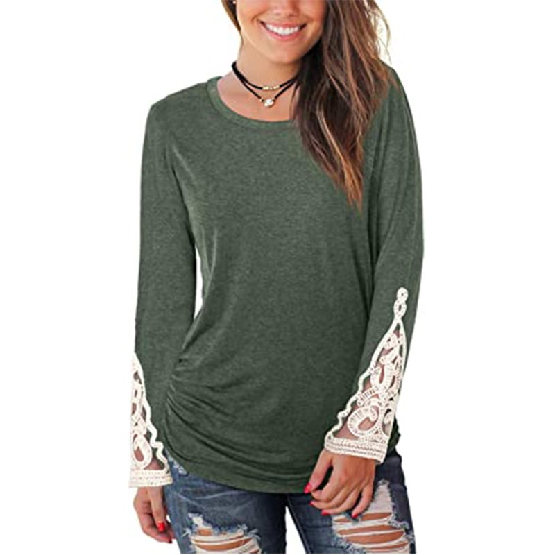 Womens Long Sleeve Plain T-Shirts Casual Round Neck Lace Pullover Basic Tee Tops 