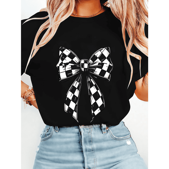 Black & White Checkered Bow Print Tops for Womens Trendy Graphic Tees Casual Short Sleeve Tshirts Cotton Shirts Black,S