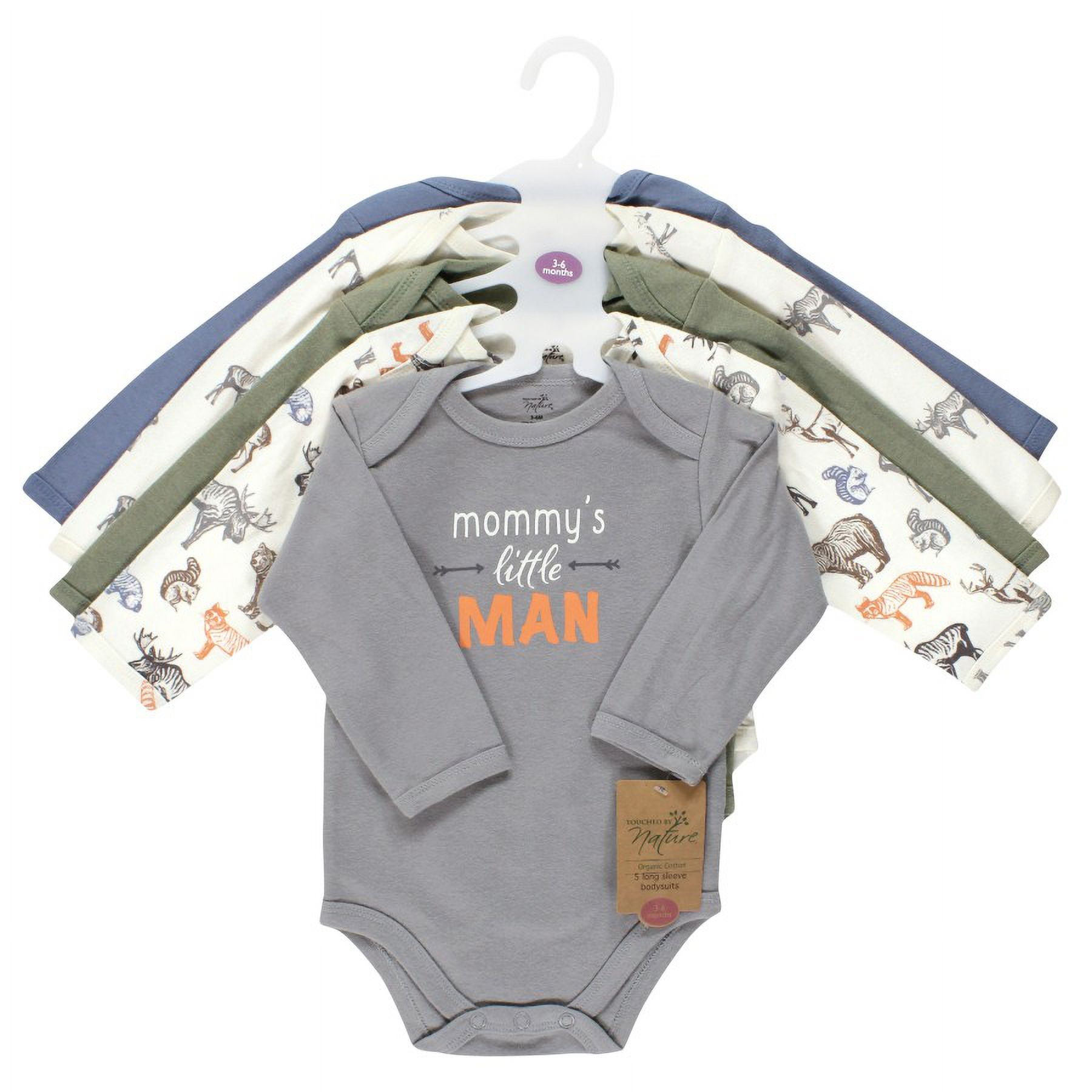 Touched by Nature Infant Boy Organic Cotton Long-Sleeve Bodysuits, Boy Woodland, 9-12 Months