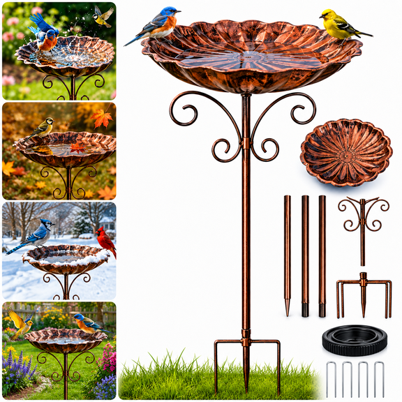 Ustris Bird Bath for Garden, 31In Metal Vintage Freestanding Birdbaths & Supports, Upgraded 5-Pronged Base, Bird Baths Feeder Bowl for Outdoors Garden Patio Yard Lawn Decor