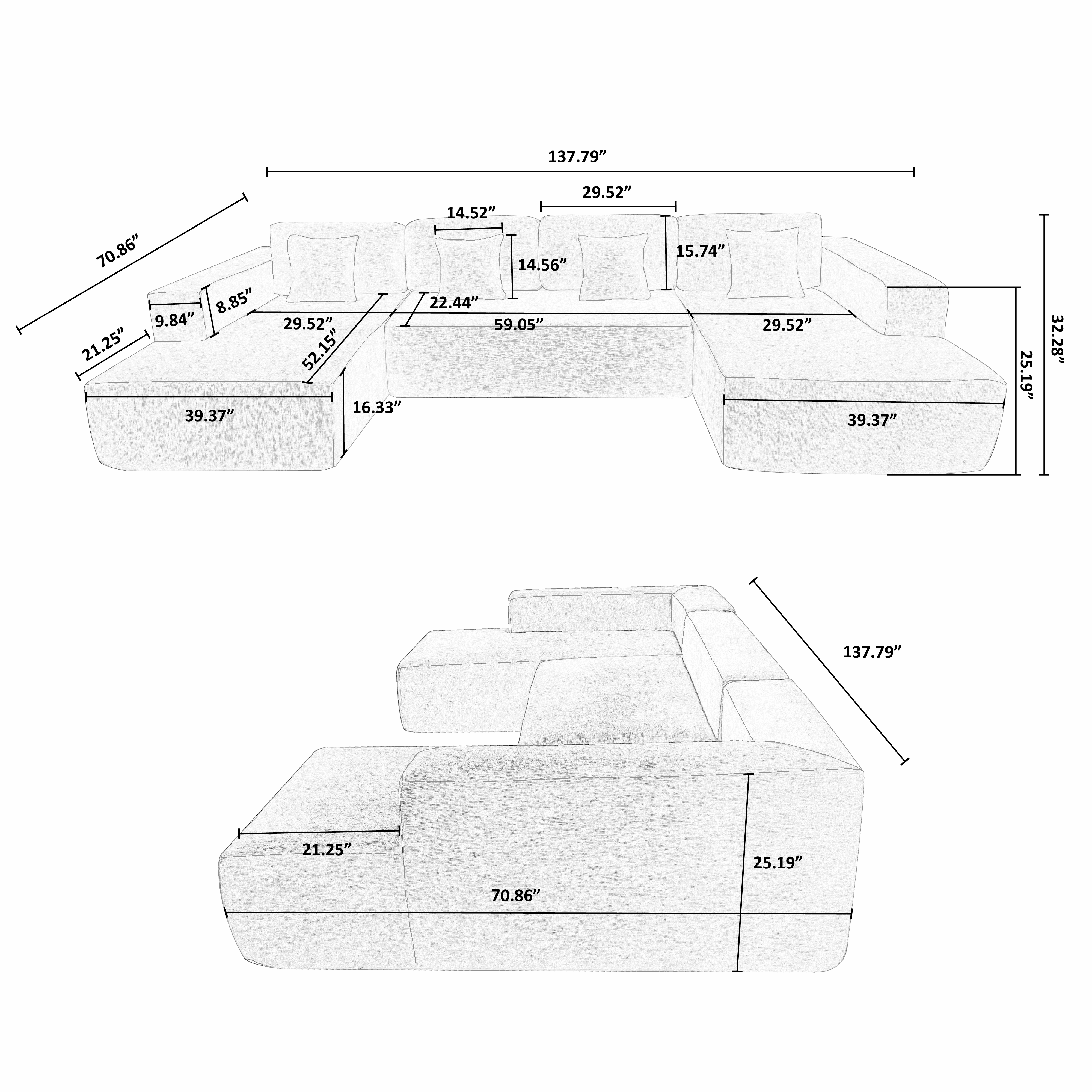 Gewnee Luxury Oversized Deep Seat Corduroy U-Shaped Modular Sofa with Chaise - for Living Room, Office