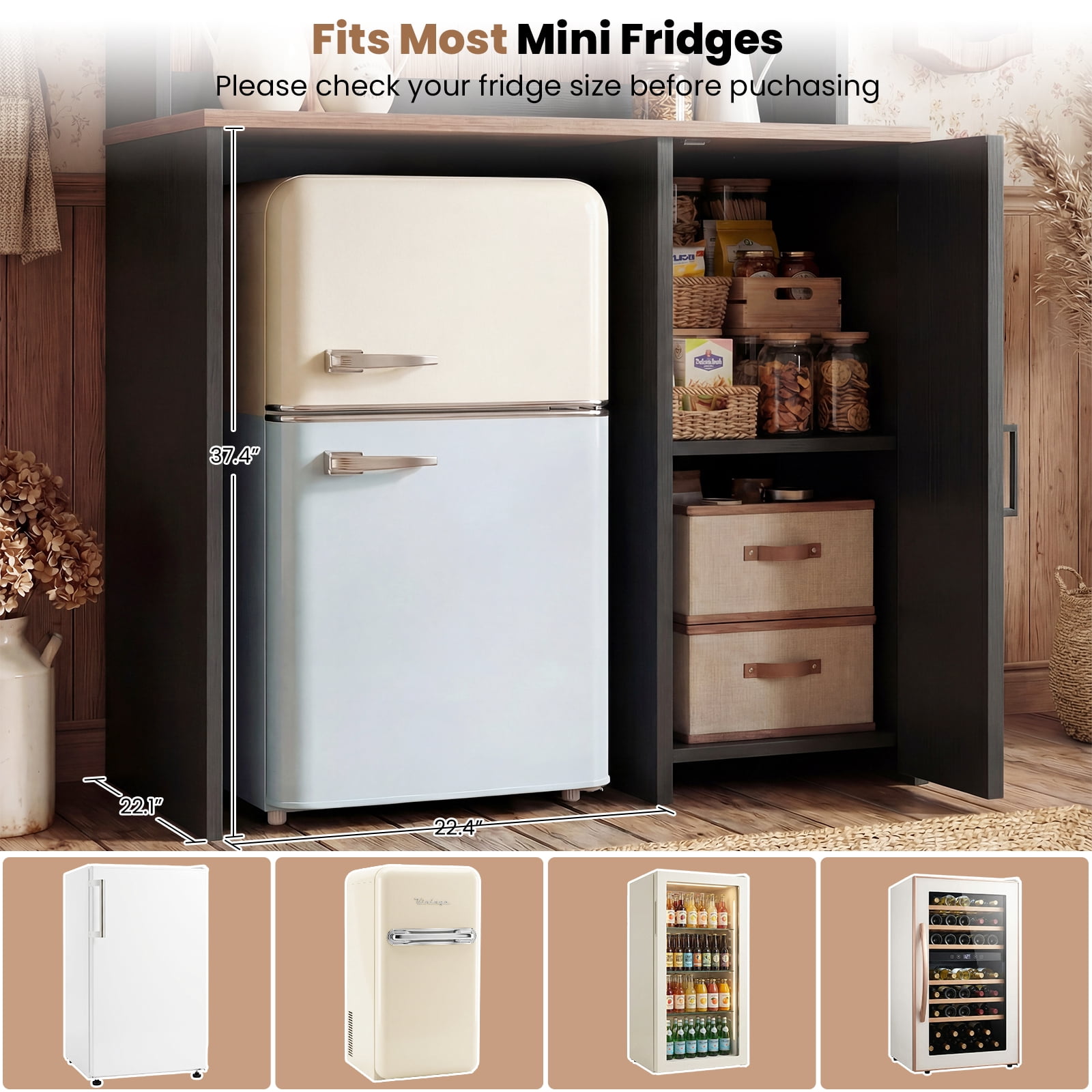 Aheaplus Multifunctional Mini Fridge Cabinet: Coffee Bar, Wine Stand & Beverage Station with Outlet, LED Light & Microwave Shelf, for Kitchen, Dorm, Office,Black