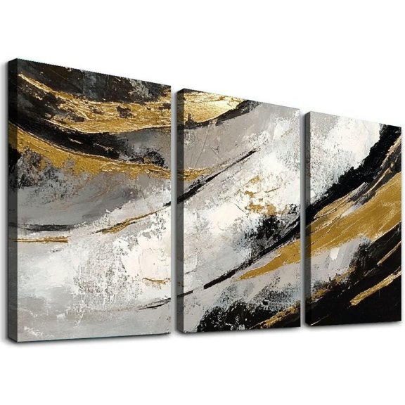 Shadudu XIANSHOU Abstract Canvas Wall Art Gold Decoration Black Art for Living Room Bedroom Kitchen Home Wall Decor (3 Panels 12x16in),Unframed 12x16x3pcs