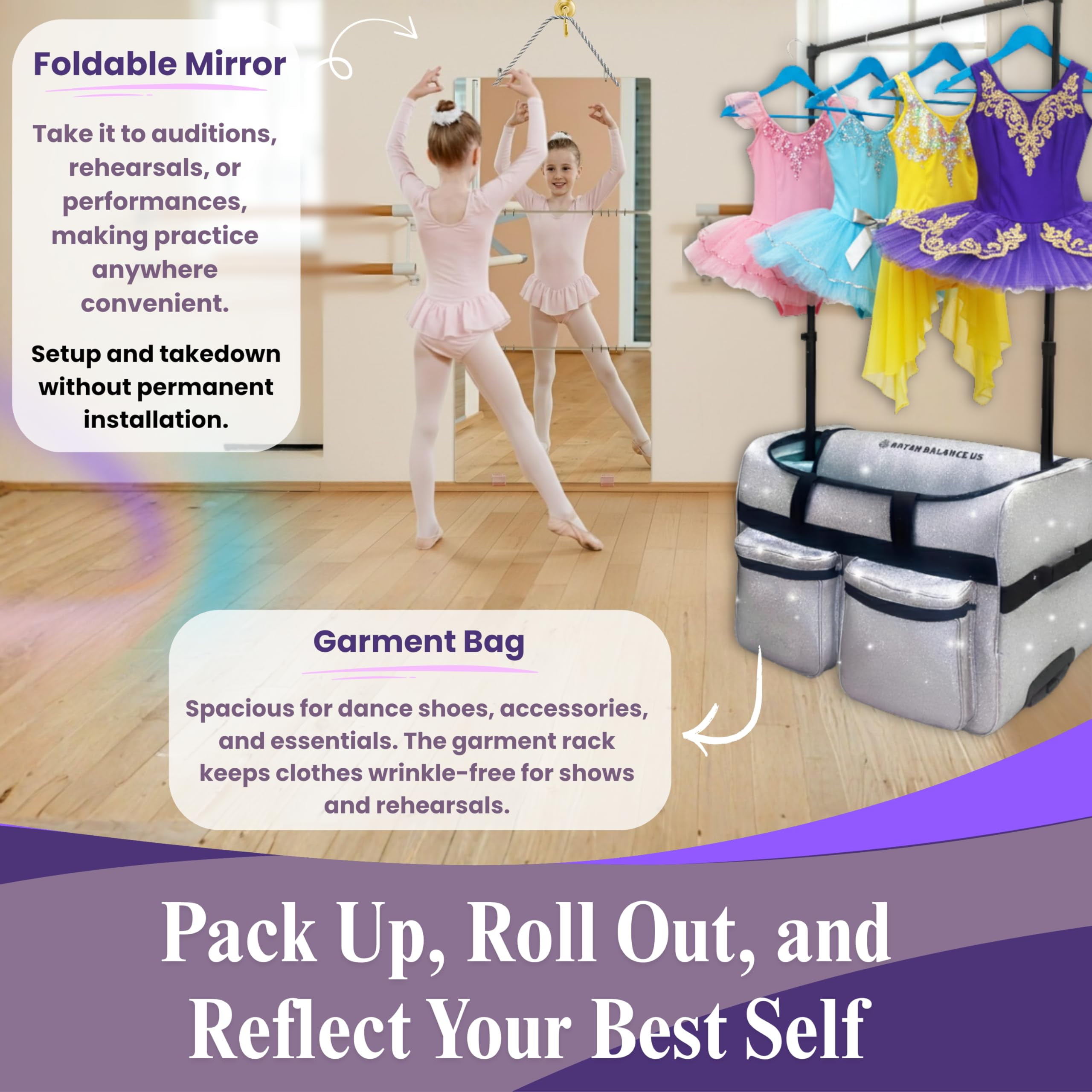 28″ Rolling Dance Trolley Bag With Garment Rack & Foldable Mirror – Wheeled Upright Duffel Travel Suitcase for Shows & Competitions (Sparkling Silver)