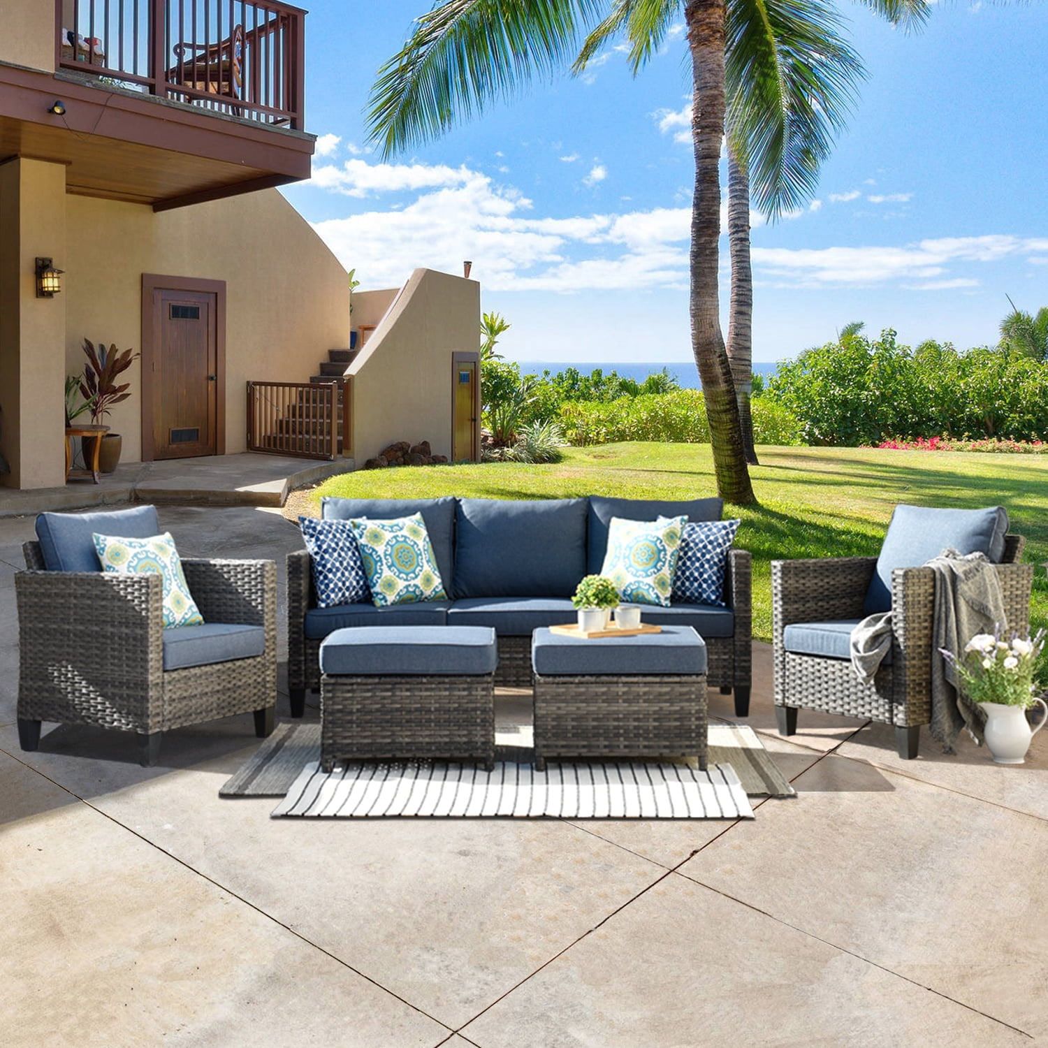 Ovios Patio Furnitue 5 Piece Set Outdoor Furniture Sets Morden Wicker Sectional With 2 Ottomans And Pillow Backyard Pool Grey Denim Blue Com Wicker Patio Furniture Sectional, Cool Outdoor Furniture Sets