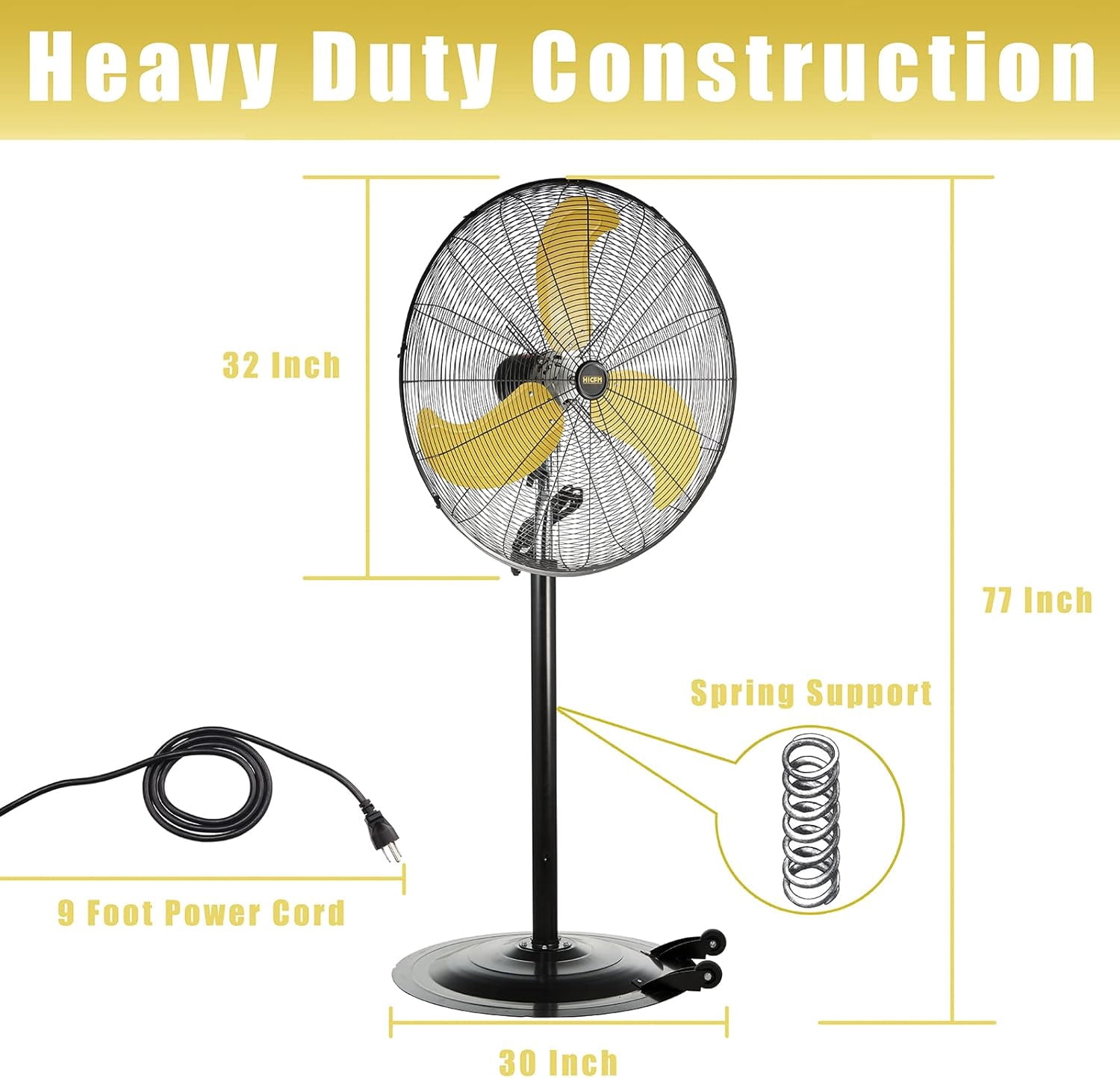 HiCFM 8300 CFM 30 inch Heavy Duty High Velocity Pedestal Oscillating Fan with Powerful 1/3 HP Motor - UL Listed