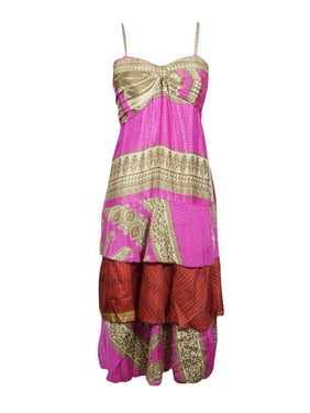 Mogul Women Spaghetti Strap Dress Pink Printed Vintage Recycled Silk Sari Long Saree Dress Summer Dress S/M