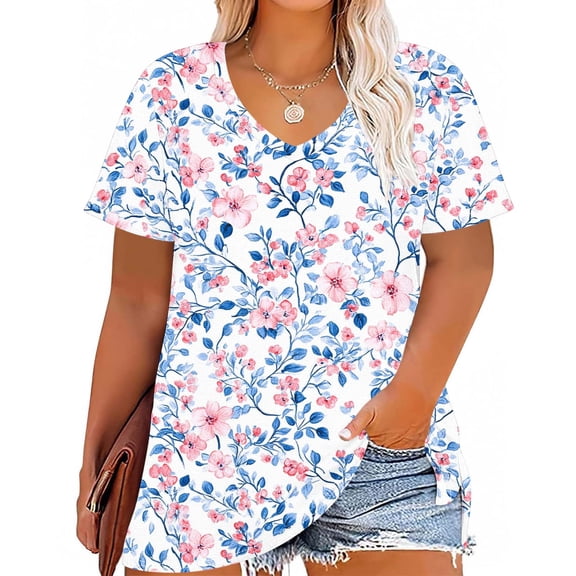 Molidfa Women’s Floral Print V-Neck Short Sleeve Regular Fit Tee, Machine Washable